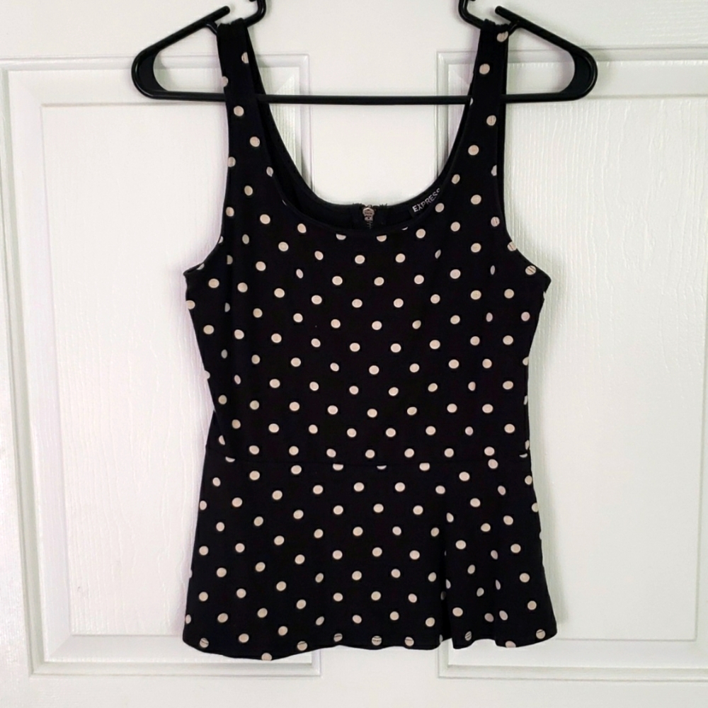 Express black and white polka dot peplum tank, size small